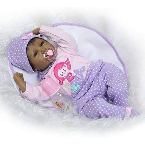  Nicery Reborn Baby Doll Indian African Dark Skin 22 inch 55 cm Soft Simulation Silicone Vinyl Cloth Body Magnetic Mouth Lifelike Vivid Boy Girl Toy for Ages 3+ Cloth Body ID55C009