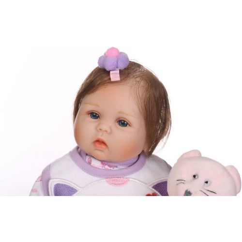  Nicery Reborn Baby Doll Soft Simulation Silicone Vinyl Cloth Body 18 inch 45 cm Magnetic Mouth Lifelike Vivid Boy Girl Toy for Ages 3+ Purple Bib Purple Sleeping Basket RD45C280F