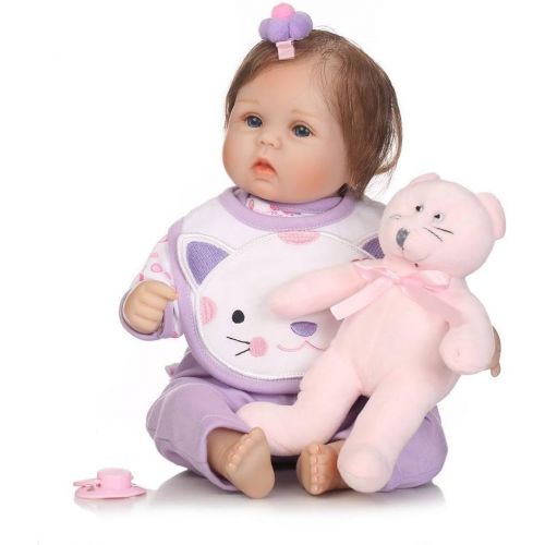  Nicery Reborn Baby Doll Soft Simulation Silicone Vinyl Cloth Body 18 inch 45 cm Magnetic Mouth Lifelike Vivid Boy Girl Toy for Ages 3+ Purple Bib Purple Sleeping Basket RD45C280F