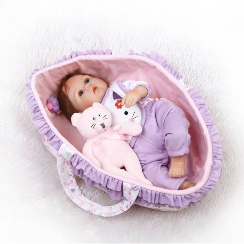  Nicery Reborn Baby Doll Soft Simulation Silicone Vinyl Cloth Body 18 inch 45 cm Magnetic Mouth Lifelike Vivid Boy Girl Toy for Ages 3+ Purple Bib Purple Sleeping Basket RD45C280F