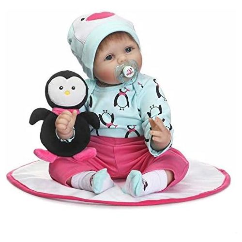  Nicery Reborn Baby Doll Soft Simulation Silicone Vinyl Cloth Body 22 inch 55 cm Magnetic Mouth Lifelike Vivid Boy Girl Toy for Ages 3+ Cloth Body Green Penguin RD55C180