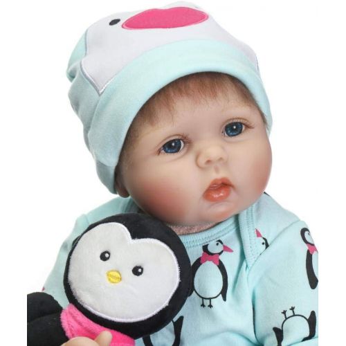  Nicery Reborn Baby Doll Soft Simulation Silicone Vinyl Cloth Body 22 inch 55 cm Magnetic Mouth Lifelike Vivid Boy Girl Toy for Ages 3+ Cloth Body Green Penguin RD55C180