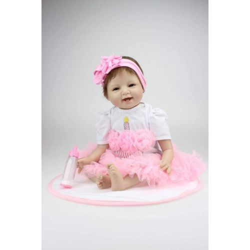  Nicery Reborn Baby Doll Soft Silicone Vinyl 22inch 55cm Magnetic Mouth Lifelike Toy Smile Princess Girl Pink Dress