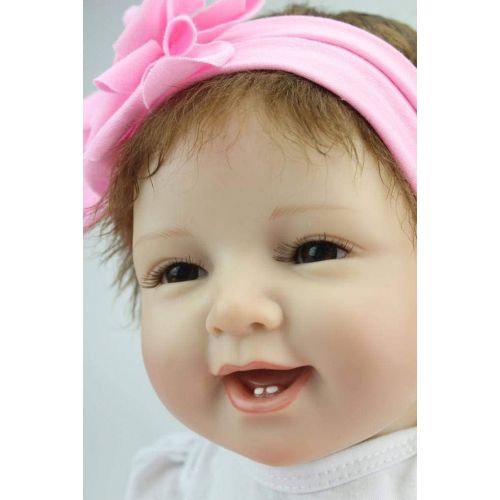  Nicery Reborn Baby Doll Soft Silicone Vinyl 22inch 55cm Magnetic Mouth Lifelike Toy Smile Princess Girl Pink Dress