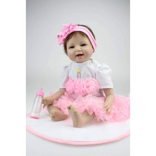  Nicery Reborn Baby Doll Soft Silicone Vinyl 22inch 55cm Magnetic Mouth Lifelike Toy Smile Princess Girl Pink Dress