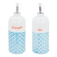 Nicola Spring Porcelain Vinegar/Oil Dispenser Bottles, 500ml - Blue/Orange Print - Set of 2