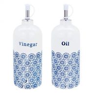 Nicola Spring Porcelain Vinegar & Olive Oil Drizzler Pourer Dispenser Bottles, 500ml - Blue Flower Print - Set of 2