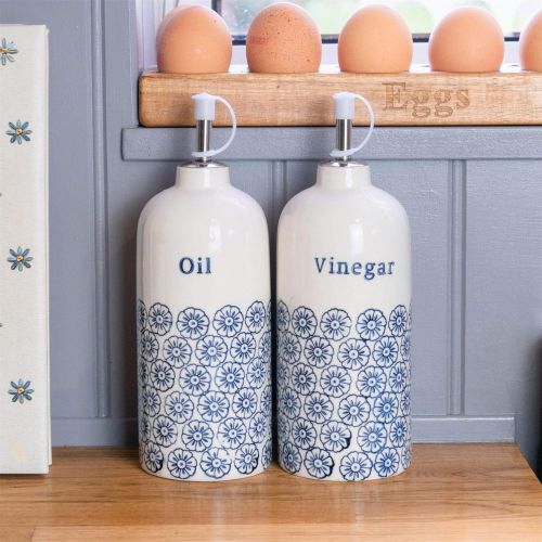  Nicola Spring Porcelain Vinegar & Olive Oil Drizzler Pourer Dispenser Bottles, 500ml - Blue Flower Print - Set of 2