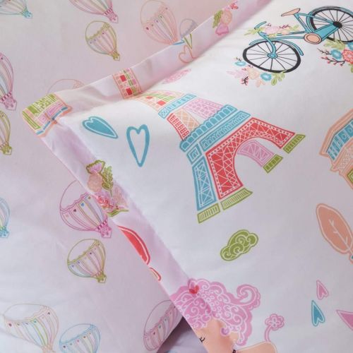  Nicole 8 Piece Girls Pink White I Love Paris Comforter Full Set, Cute Girly All Over France Inspired Bedding, Fun Pretty Eiffel Tower Bicycle Bike Hot Air Balloon Poodle Dog Themed Patter
