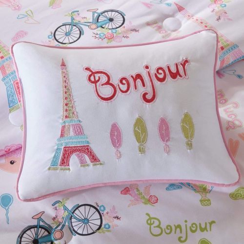  Nicole 8 Piece Girls Pink White I Love Paris Comforter Full Set, Cute Girly All Over France Inspired Bedding, Fun Pretty Eiffel Tower Bicycle Bike Hot Air Balloon Poodle Dog Themed Patter