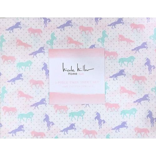  Nicoll Miller Kids Nicole Miller Pastel Prancing Unicorns 3-Pc. Girls Twin Sheet Set | 100% Easy-Care Cotton Percale