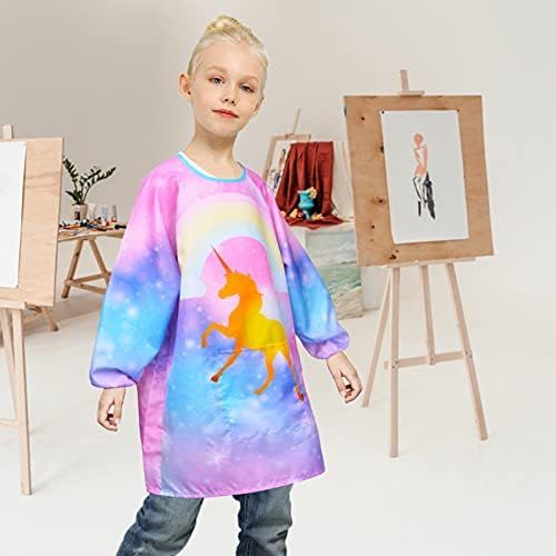  [아마존베스트]Nidoul Kids Art Smocks for Painting, Long Sleeve Unicorn Rainbow Painting Aprons for Kids, Long Section Waterproof Children Artist Aprons with Pocket for 3-12 Years