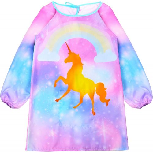  [아마존베스트]Nidoul Kids Art Smocks for Painting, Long Sleeve Unicorn Rainbow Painting Aprons for Kids, Long Section Waterproof Children Artist Aprons with Pocket for 3-12 Years