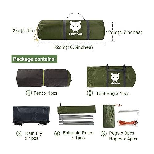  Night Cat Backpacking Tent for One 1 to 2 Persons Lightweight Waterproof Camping Hiking Tent for Adults Kids Scouts Easy Setup Single Layer 2.2x1.2m