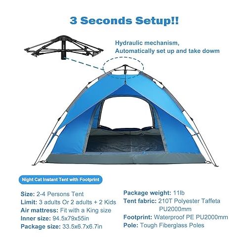  Night Cat Instant Popup Tents 2-3 Persons with Footprint Tarp Easy Setup Camping Tent with Rainfly Double Layers Waterproof Automatic Hydraulic Mechaism