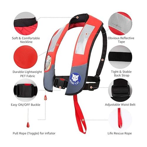  Night Cat Life Jackets for Adults Kayaking Boating Vests Inflatable Lifesaving PFD, Survival Preservers, Lightweight Premium Quality, Automatic and Manual, 150KG (330LB)