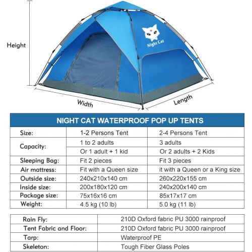  Night Cat Waterproof Camping Tent for 1 2 3 4 Person with Footprint Tarp Easy Instant Pop Up Tent Automatic Hydraulic Rainproof Tent with Rain Fly