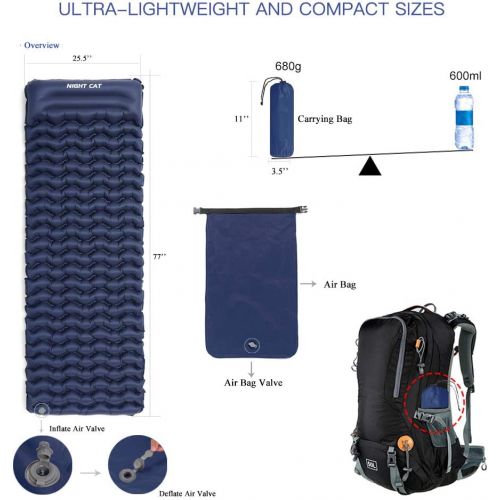  Night Cat Inflatable Sleeping Pads Mat Bed with Pillow and Air Bag for Camping, Backpacking Hiking; Ultra-Light, Compact, Comfortable