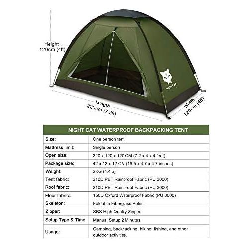  Night Cat Backpacking Tent for One 1 to 2 Persons Lightweight Waterproof Camping Hiking Tent for Adults Kids Scouts Easy Setup Single Layer 2.2x1.2m