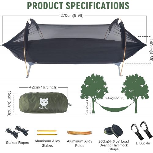  Night Cat Camping Hammock Tent with Mosquito Net and Rain Fly 1-2 Persons Bivvy Ground Tent with Tree Strap Swing Heavy Rain Waterproof Lightweight Backpacking 440lbs