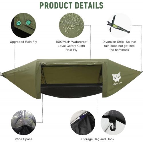  Night Cat Camping Hammock Tent with Mosquito Net and Rain Fly 1-2 Persons Bivvy Ground Tent with Tree Strap Swing Heavy Rain Waterproof Lightweight Backpacking 440lbs