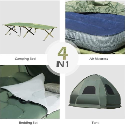  Nightcore Single Tent Bed, Portable Camping Tent with Air Mattress and Pillow, Folding Camping Cot of Metal Frame, Single Sleep Bag with Polyester Canopy, for Outdoor Family Camping Picnic -