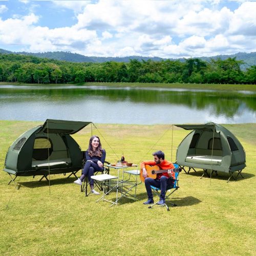  Nightcore Single Tent Bed, Portable Camping Tent with Air Mattress and Pillow, Folding Camping Cot of Metal Frame, Single Sleep Bag with Polyester Canopy, for Outdoor Family Camping Picnic -