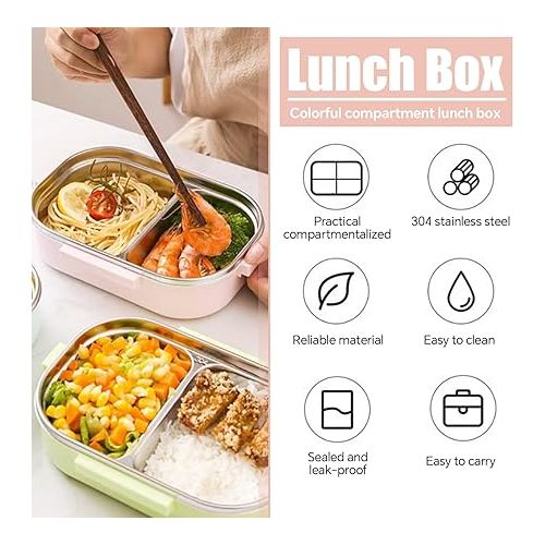 Niiyen Lunch Box, 720ml 2 Compartments Food Lunch Containers with Spoon, Portable 304 Stainless Steel Adult Bento Lunch Box, Boy Food Storage box for Office School Picnic