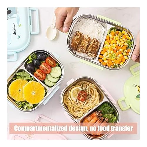  Niiyen Lunch Box, 720ml 2 Compartments Food Lunch Containers with Spoon, Portable 304 Stainless Steel Adult Bento Lunch Box, Boy Food Storage box for Office School Picnic