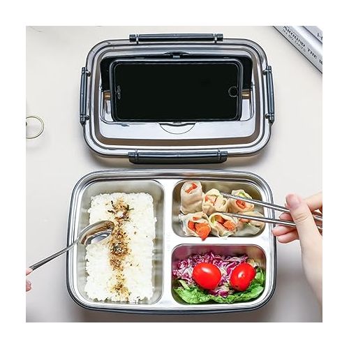  Niiyen Portable Lunch Box 304 Stainless Steel Bento Box Lunch Containers Food Storage Box with 4 Compartments Tableware for Outdoor (Black)