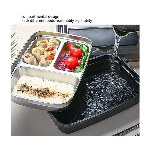  Niiyen Portable Lunch Box 304 Stainless Steel Bento Box Lunch Containers Food Storage Box with 4 Compartments Tableware for Outdoor (Black)