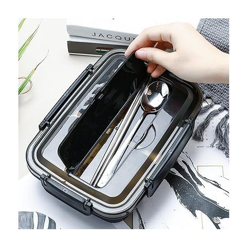  Niiyen Portable Lunch Box 304 Stainless Steel Bento Box Lunch Containers Food Storage Box with 4 Compartments Tableware for Outdoor (Black)