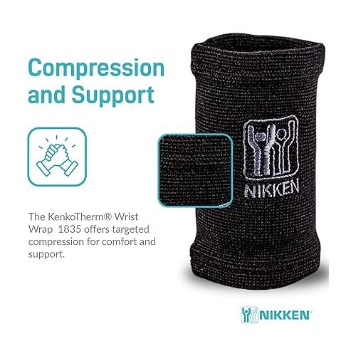  Nikken KenkoTherm® Wrist Wrap Medium 1825 Black - Thin Ceramic Reflective Fibers that reflects heat from your body to provide a gentle warming effect for tired or tight muscles Weightlifting , Boxing - Support Wrap - Compression, Support