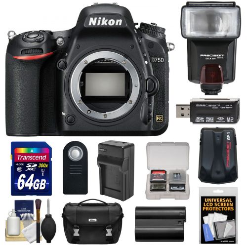  Nikon D750 Digital SLR Camera Body with 64GB Card + Battery & Charger + Case + GPS Adapter + Flash + Kit