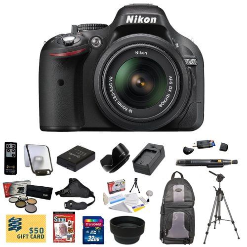  Nikon D5200 Digital SLR Camera & 18-55mm G VR DX AF-S Zoom Lens (Black) With 32GB Memory Card, Reader, EN-EL14 Battery, Charger, 5 PC Filter, Remote, Nikon Case, Tripod, DVD, $50 G