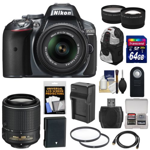  Nikon D5300 Digital SLR Camera & 18-55mm G VR II Lens (Grey) with 55-200mm VR II Lens + 64GB Card + Backpack + Battery & Charger + TeleWide Lens Kit