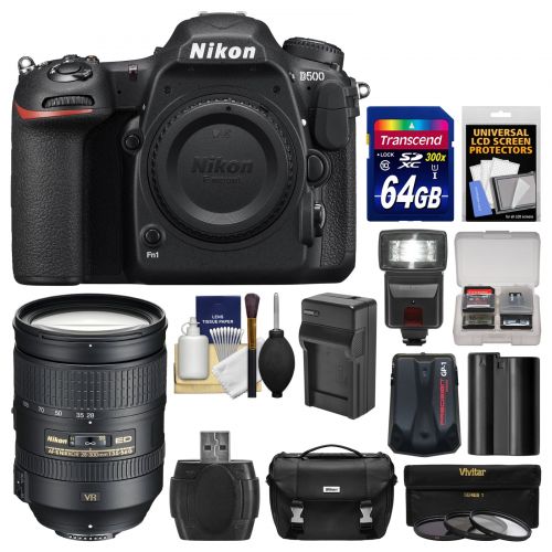  Nikon D500 Wi-Fi 4K Digital SLR Camera Body with 28-300mm VR Lens + 64GB Card + Case + Flash + Battery & Charger + Filters + Kit