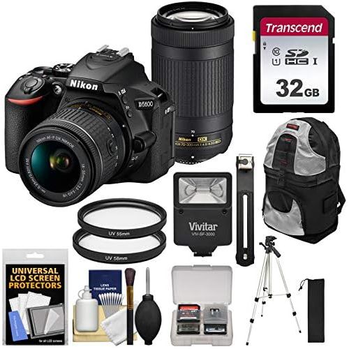  [아마존베스트]Nikon D5600 Wi-Fi Digital SLR Camera with 18-55mm VR & 70-300mm DX AF-P Lenses with 32GB Card + Backpack + Flash + Tripod + Kit