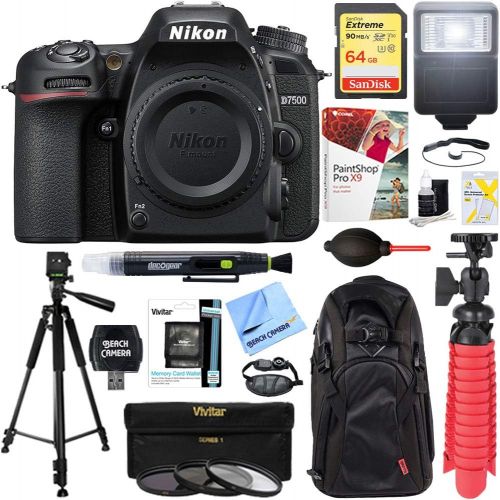  Nikon 1571 D7500 20.9MP DX-Format 4K Ultra HD Digital SLR Camera Body Bundle with 64GB Memory Card, Backpack, Flash, Cleaning Pen, Paintshop Pro 2018, 58mm Filter Kit and Accessori