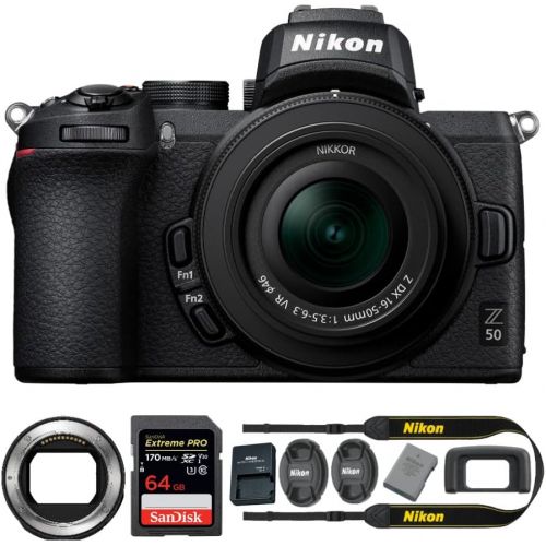  Nikon Z 50 DX-Format Mirrorless Camera with NIKKOR Z 16-50mm Lens, Nikon Mount Adapter, 64GB Card and Accessory Bundle (3 Items)