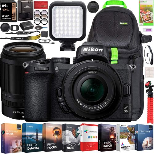  Nikon Z50 Mirrorless Camera Body 4K UHD DX-Format 2 Lens Kit NIKKOR Z DX 16-50mm F3.5-6.3 VR + Z DX 50-250mm F4.5-6.3 VR Bundle Deco Gear Backpack + Photo Video LED + Filters + Sof