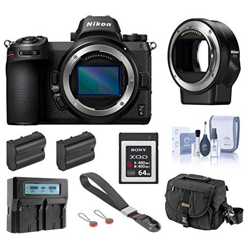  Nikon Z6 FX-Format Mirrorless Digital Camera Body, Complete Bundle with FTZ Mount Adapter, 64GB XQD Card, 2 Extra Battery, Dual Charger and Accessories