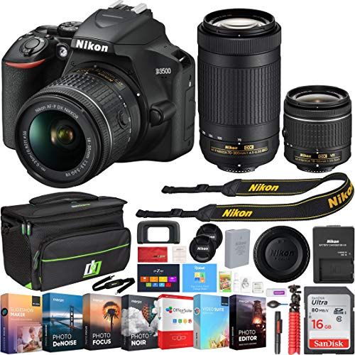  Nikon 1588 D3500 24.2MP DSLR Camera with AF-P 18-55mm VR Lens & 70-300mm Dual Zoom Lens Kit Bundle with 16GB Memory Card, Photo and Video Professional Editing Suite and Camera Bag