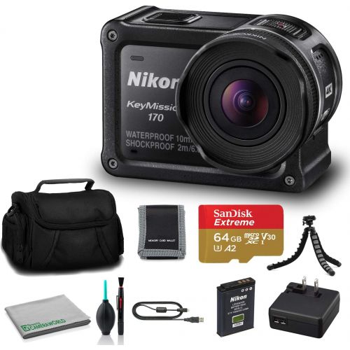  Nikon KeyMission 170 4K Action Camera (26514) + 64GB microSDHC Memory Card + Memory Card Wallet + Deluxe Soft Bag + 12 Inch Flexible Tripod + Deluxe Cleaning Set + USB Card Reader