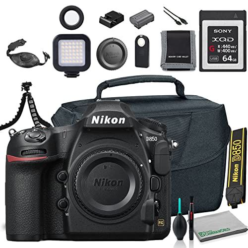  Nikon D850 DSLR Camera (Body Only) (1585) + Camera Bag + Sony 64GB XQD G Series Memory Card + Wireless Remote Shutter Release + Hand Strap + Portable LED Video Light + More