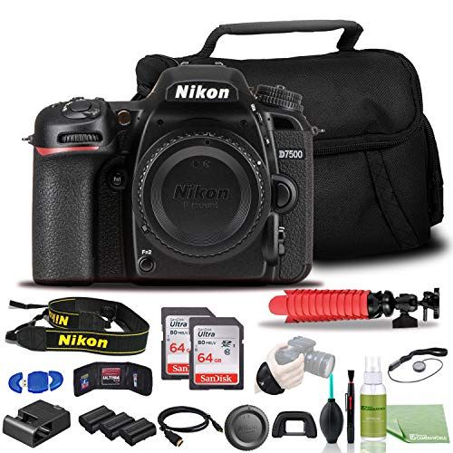  Nikon D7500 DSLR Camera - Bundle - (Body Only) (1581) + 2X EN-EL15 Battery + 2X SanDisk 64GB Card + Case + 12 Inch Flexible Tripod + Deluxe Cleaning Set + HDMI Cable + Hand Strap +