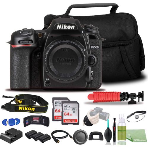  Nikon D7500 DSLR Camera - Bundle - (Body Only) (1581) + 2X EN-EL15 Battery + 2X SanDisk 64GB Card + Case + 12 Inch Flexible Tripod + Deluxe Cleaning Set + HDMI Cable + Hand Strap +