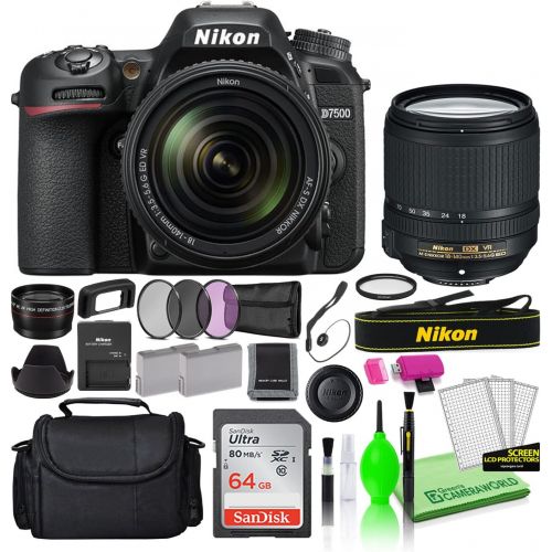  Nikon D7500 20.9MP DSLR Digital Camera with 18-140mm VR Lens (1582) Deluxe Bundle Kit -Includes- Sandisk 64GB SD Card + Large Camera Bag + Filter Kit + Spare Battery + Telephoto Le