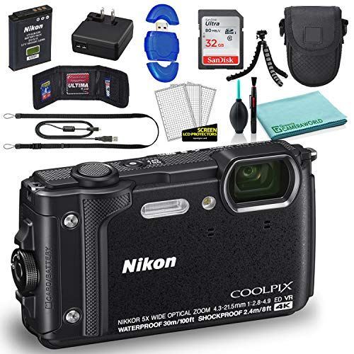  Nikon COOLPIX W300 Digital Camera (Black) (26523) + SanDisk 32GB Ultra Memory Card + Memory Card Wallet + 12 Inch Flexible Tripod + Camera Bag + Deluxe Cleaning Set + USB Card Read