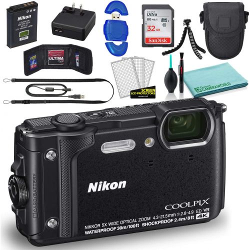  Nikon COOLPIX W300 Digital Camera (Black) (26523) + SanDisk 32GB Ultra Memory Card + Memory Card Wallet + 12 Inch Flexible Tripod + Camera Bag + Deluxe Cleaning Set + USB Card Read